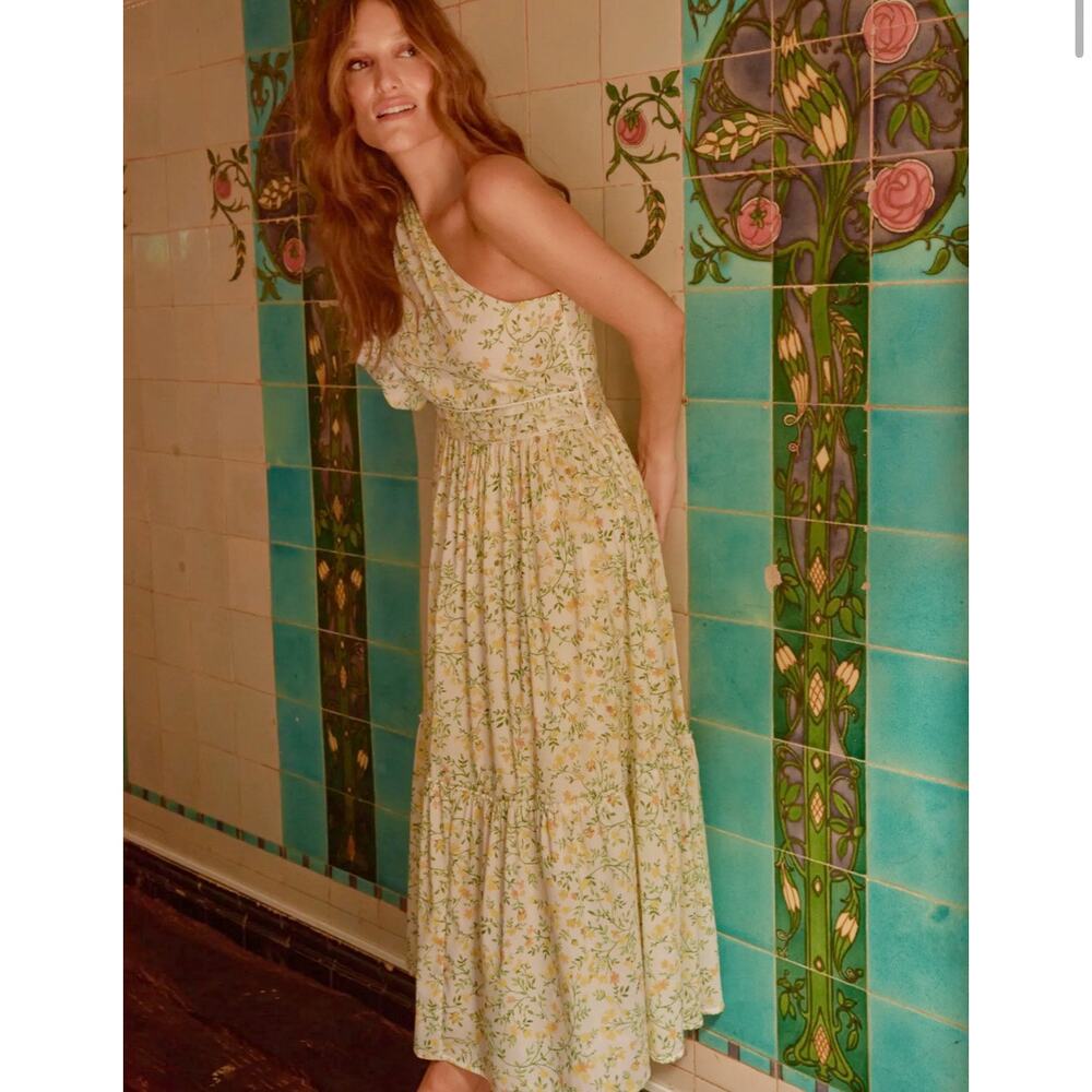 NEW Especia One Shoulder Floral Ester Midi Dress Yellow Size S